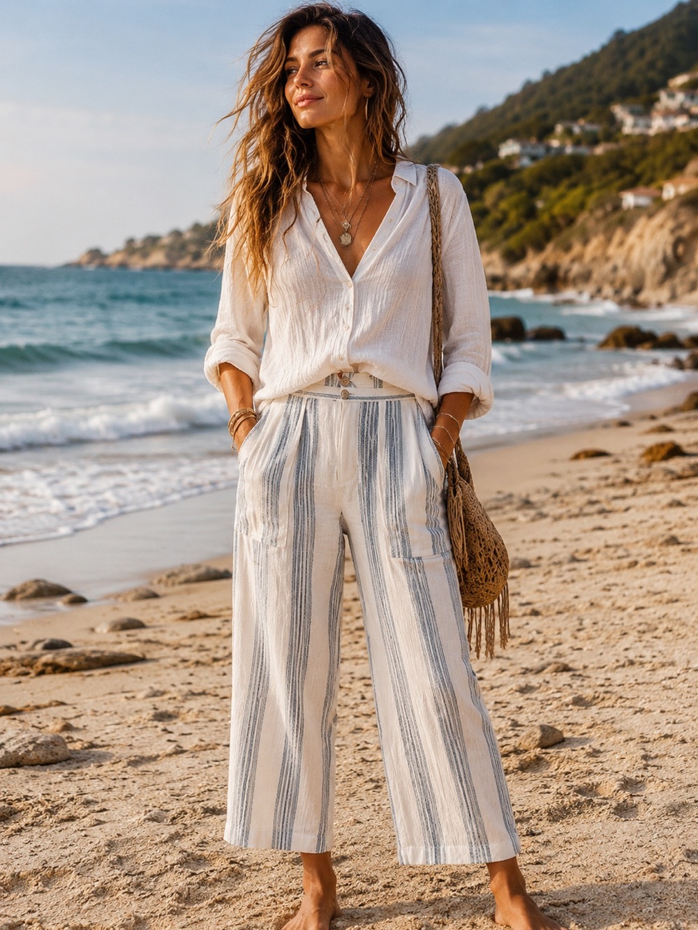 NWT FREE PEOPLE Boho Cotton Blend Beachy White and Gray Stripped Pants Size S